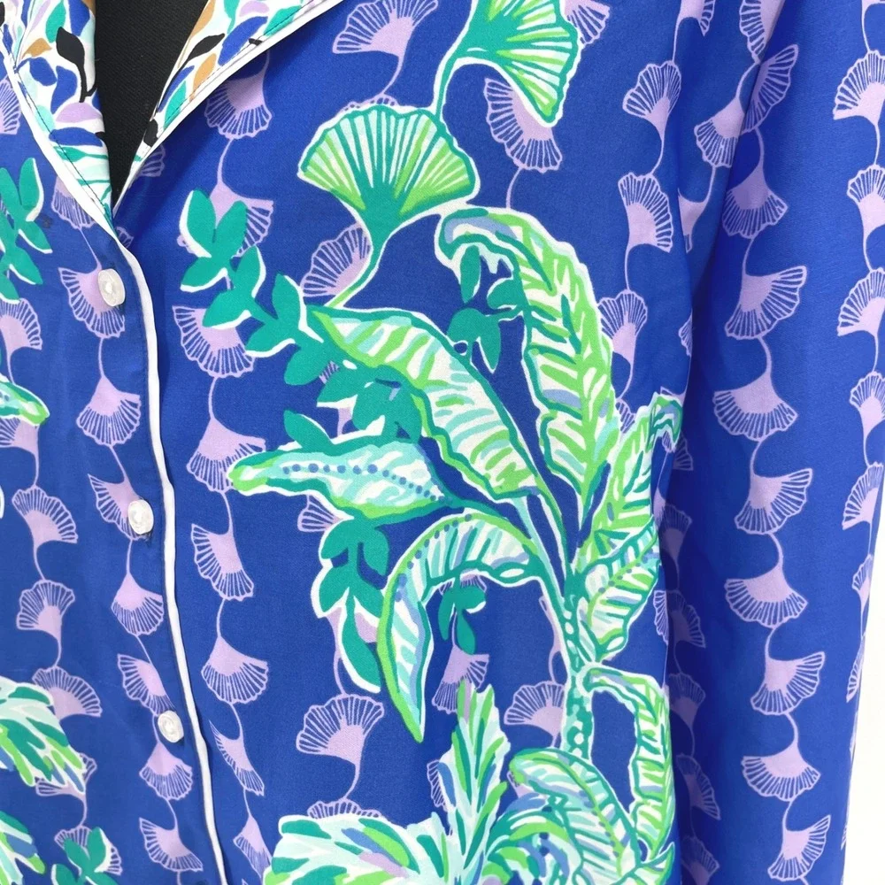 Lilly Pulitzer Winona PJ Top M Ginkgo Party Blue Purple Silky Satin Pajama Shirt